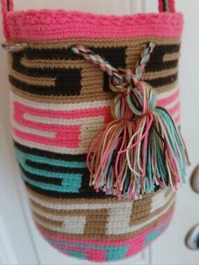 Handmade Boho Crochet Bucket Bag in Pink, Teal & Tan